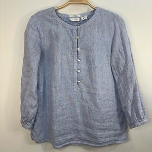 Nicole Miller XS 3/4 Sleeve Linen Cottage Boho Minimalist Peasant Blouse Blue